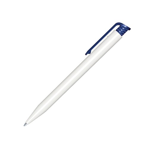 Penna a sfera in plastica bianca con clip blu navy e meccanismo a scatto.