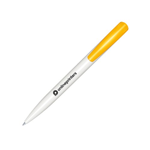 Penna a sfera in plastica bianca con dettaglio giallo e meccanismo a scatto.