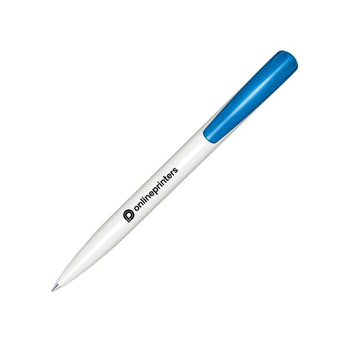 Penna a sfera in plastica bianca/blu con finitura lucida e pulsante.