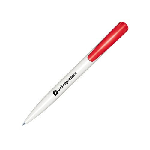 Penna a sfera in plastica bianca con pulsante rosso e clip.