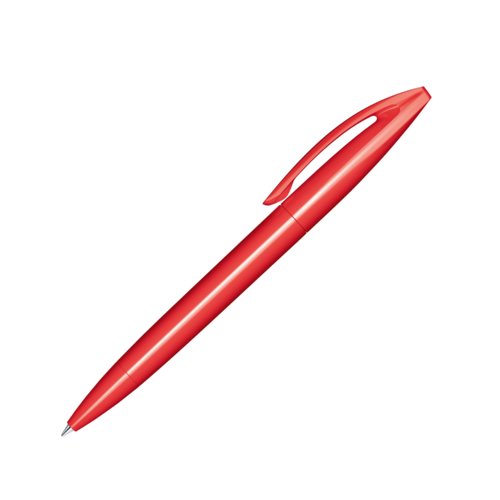 Penna a sfera rossa in plastica con finitura lucida e meccanismo a rotazione.