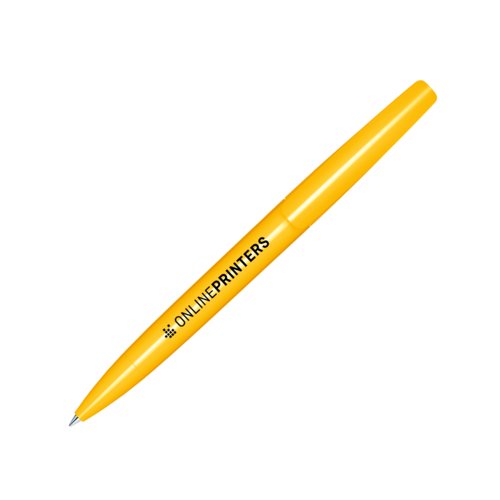 Penne a sfera a rotazione in plastica gialla con finitura lucida.