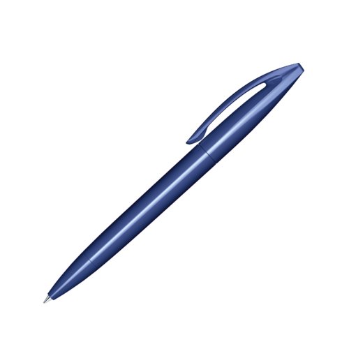 Penna a sfera a scatto in plastica blu scuro con clip.