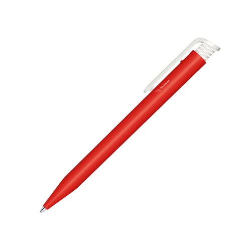 Penna a sfera rossa e bianca in bioplastica con clip e meccanismo a scatto.