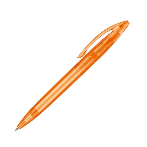 Penne a sfera arancione in plastica con clip e meccanismo a scatto.