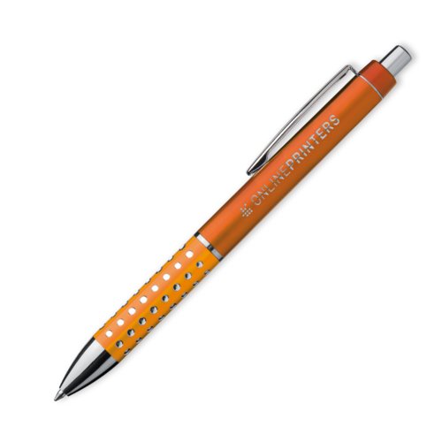 Penne a sfera arancione con clip e pulsante.