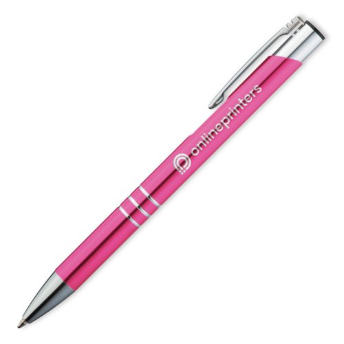 Penna a sfera in metallo rosa con clip e meccanismo a pressione.