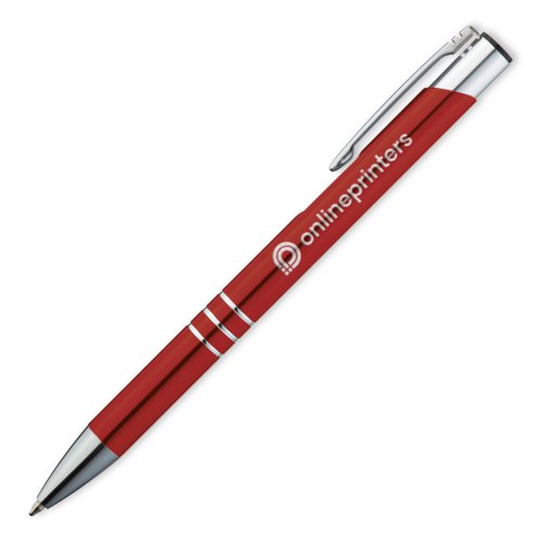 Penna a sfera in metallo rosso con clip e meccanismo a pressione.