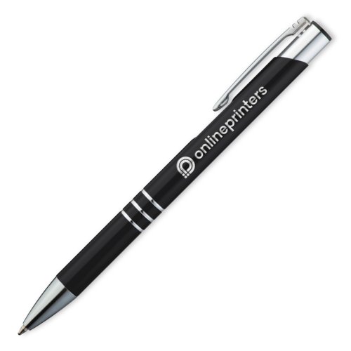 Penna a sfera in metallo nero con clip e meccanismo a pressione.