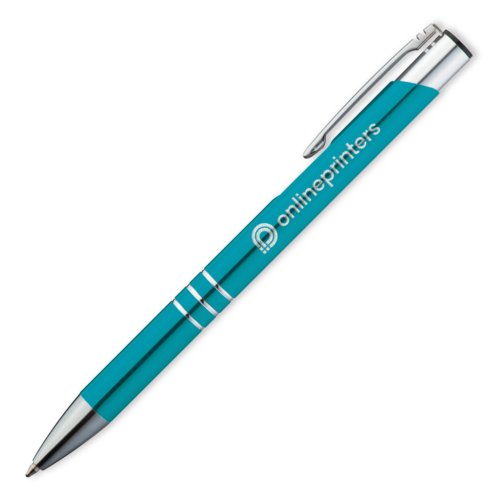 Penna a sfera in metallo turchese con clip e pulsante.