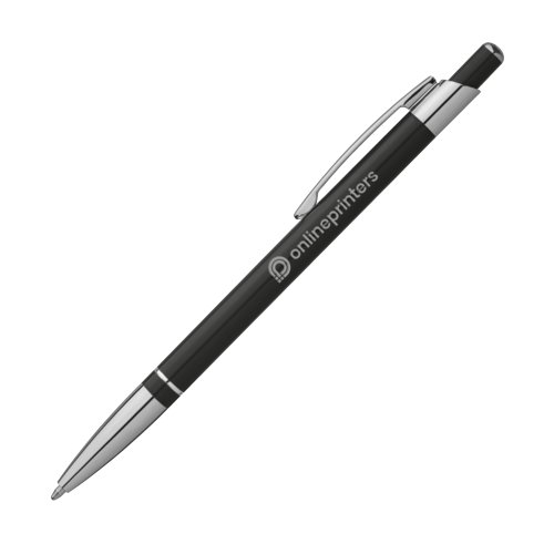 Penna a sfera in metallo nero con clip e meccanismo a pressione.