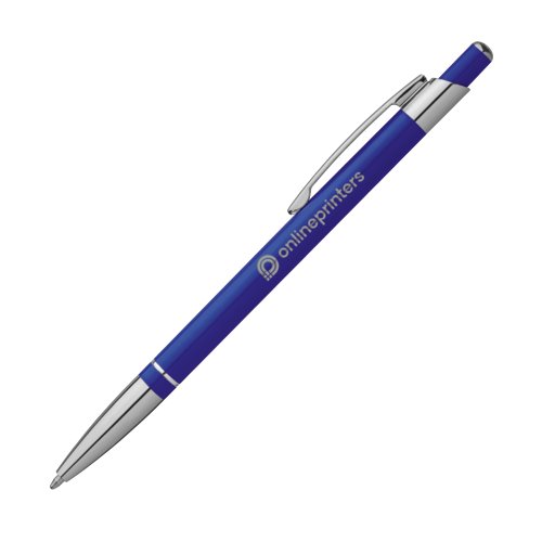 Penna a sfera blu in metallo con clip e pulsante.