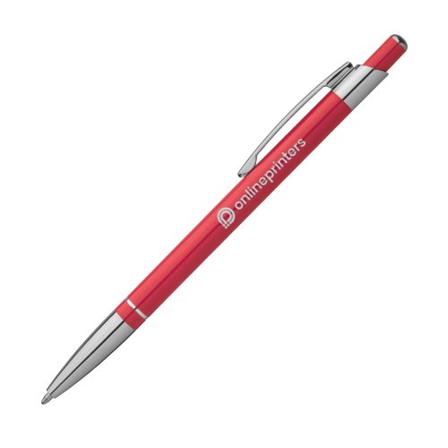 Penna a sfera in metallo rosso con clip e pulsante.