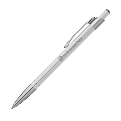 Penna a sfera in metallo bianco con clip e meccanismo a pressione.
