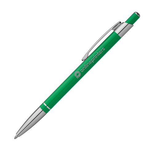 Penna a sfera in metallo verde con clip e meccanismo a pressione.