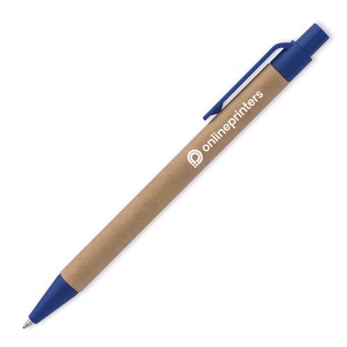 Penna a sfera in carta blu con clip e meccanismo a pressione.