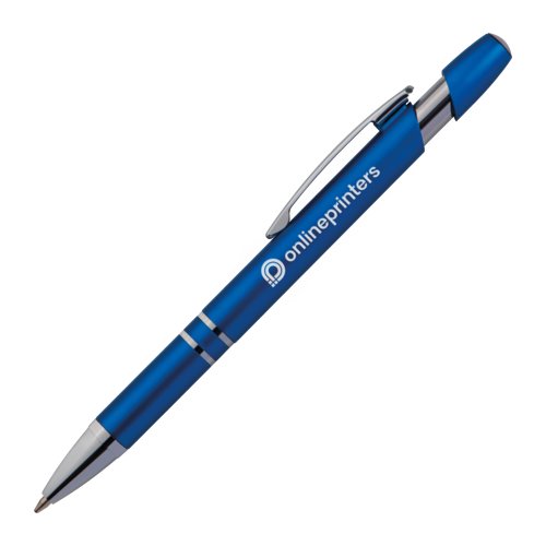 Penna a sfera in metallo blu con clip e pulsante.