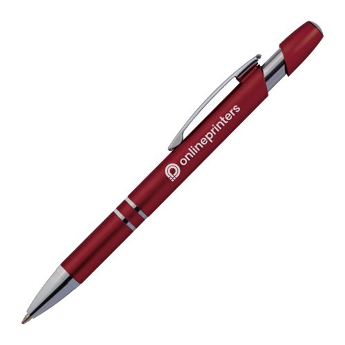 Penna a sfera rossa in metallo con clip e pulsante.