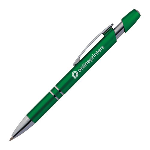 Penna a sfera in metallo verde con clip e pulsante.