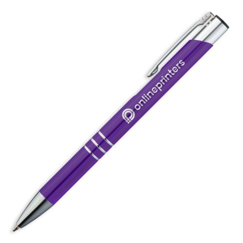Penna a sfera in metallo viola con clip e meccanismo a pressione.