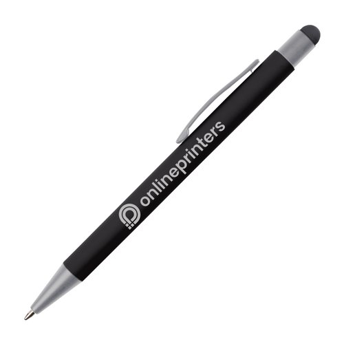 Penna a sfera touch nera con clip e punta touchscreen.