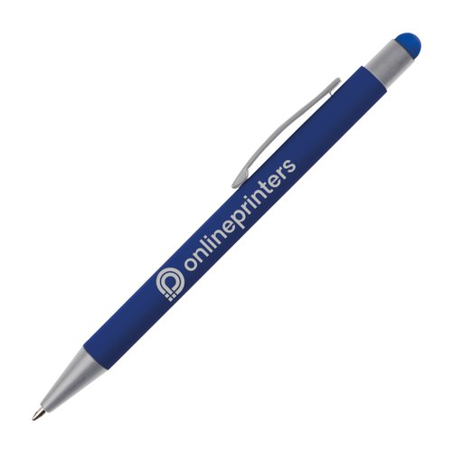 Penna touch blu con clip e punta in gomma.