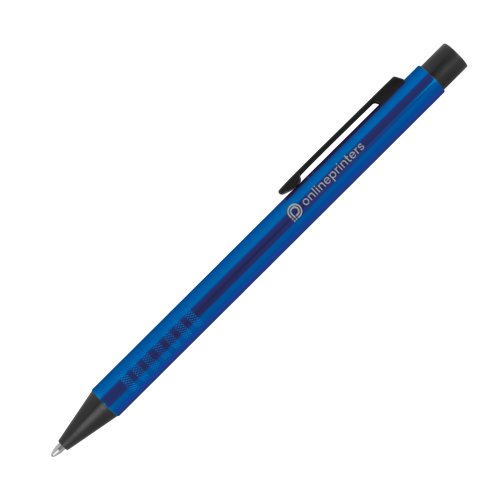 Penna a sfera in metallo blu con motivo, clip e meccanismo a scatto.