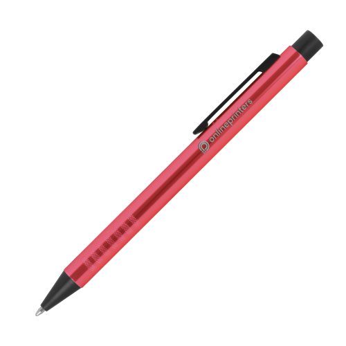Penna a sfera in metallo rosso con motivo, clip e meccanismo a scatto.