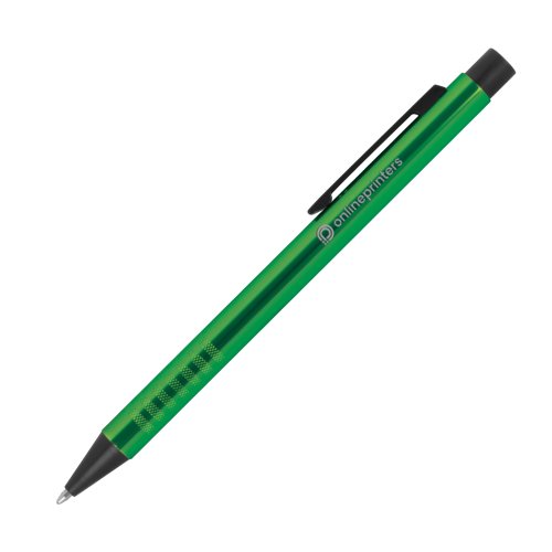 Penna a sfera in metallo verde con clip e meccanismo a pressione.