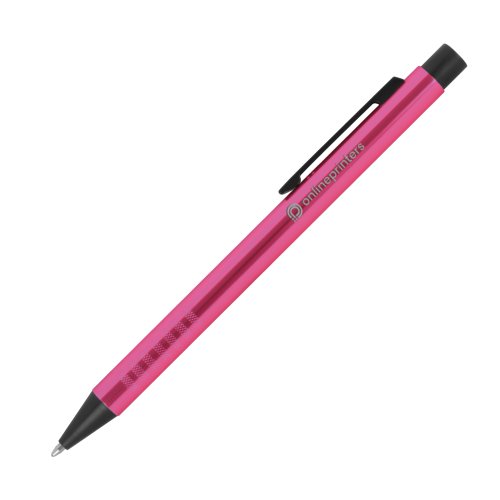 Penna a sfera in metallo rosa con motivo, clip e meccanismo a scatto.