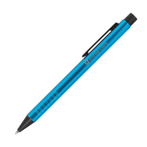 Penna a sfera in metallo turchese con motivo e clip.