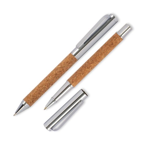Set da scrittura in sughero marrone con penna a sfera e roller.