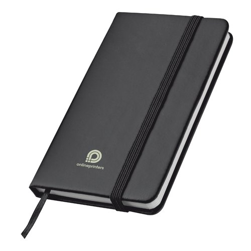 Quaderno nero con elastico e segnalibro a nastro.