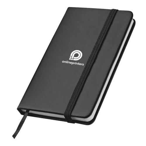 Quaderno nero con elastico e segnalibro a nastro.