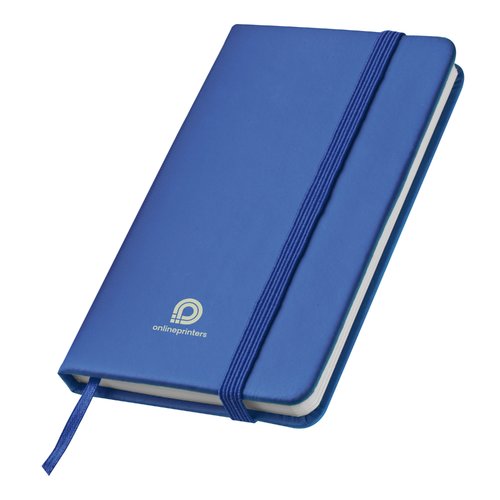 Quaderno blu con elastico e segnalibro a nastro.