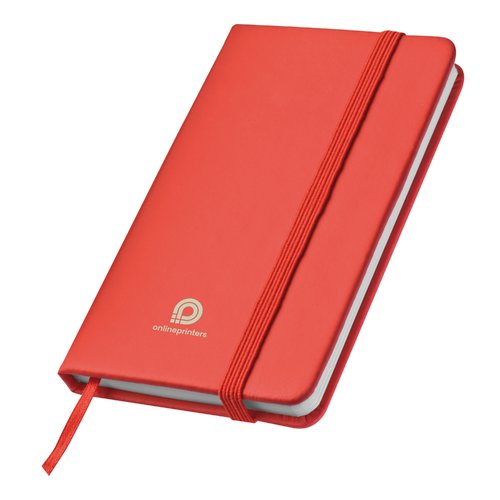 Taccuino rosso con chiusura a elastico e segnalibro a nastro.