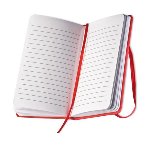 Quaderno rosso con pagine a righe e segnalibro a nastro.