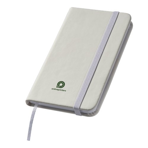 Quaderno bianco con elastico e segnalibro a nastro.