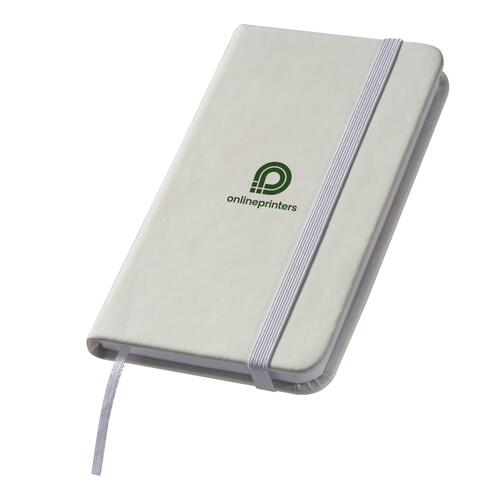 Quaderno bianco con elastico e segnalibro a nastro.