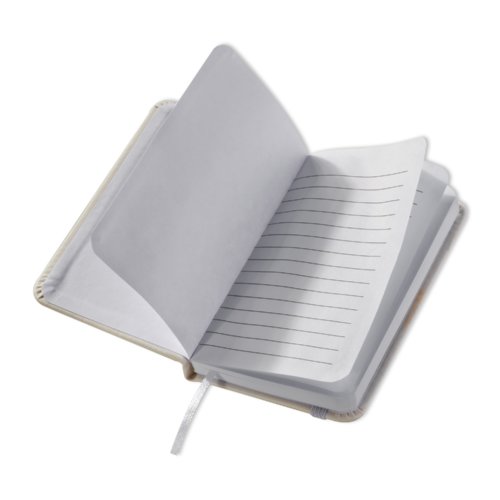 Quaderno bianco con copertina rigida e segnalibro.