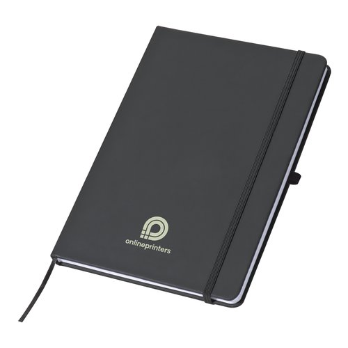 Quaderno grigio con elastico e segnalibro a nastro.
