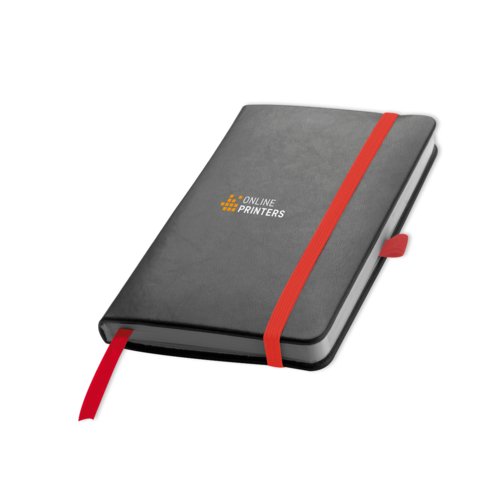 Quaderno rosso con elastico e segnalibro a nastro.