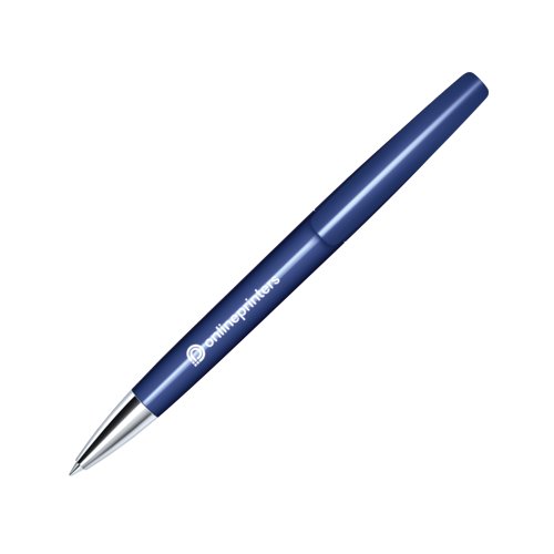 Penne a sfera blu scuro con elementi in metallo e pulsante.