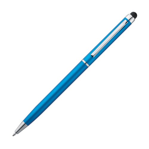 Penna a sfera in metallo azzurro con funzione touch e clip.