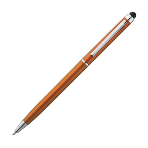 Penna a sfera in metallo arancione con funzione touch e clip.