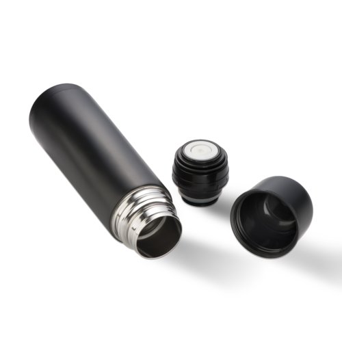 Thermos nero in acciaio inossidabile con tappo a vite.