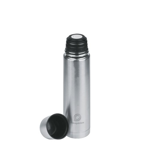 Borraccia termica argento in acciaio inox con tappo a vite.