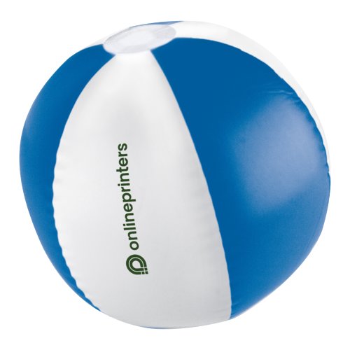 Palla da spiaggia blu in plastica con design multicolore.