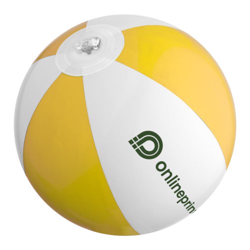Pallone da spiaggia giallo in plastica con valvola gonfiabile.
