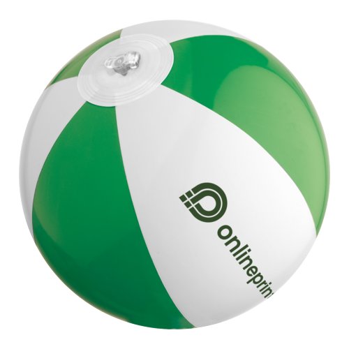 Palla da spiaggia in plastica verde e bianca con design gonfiabile.